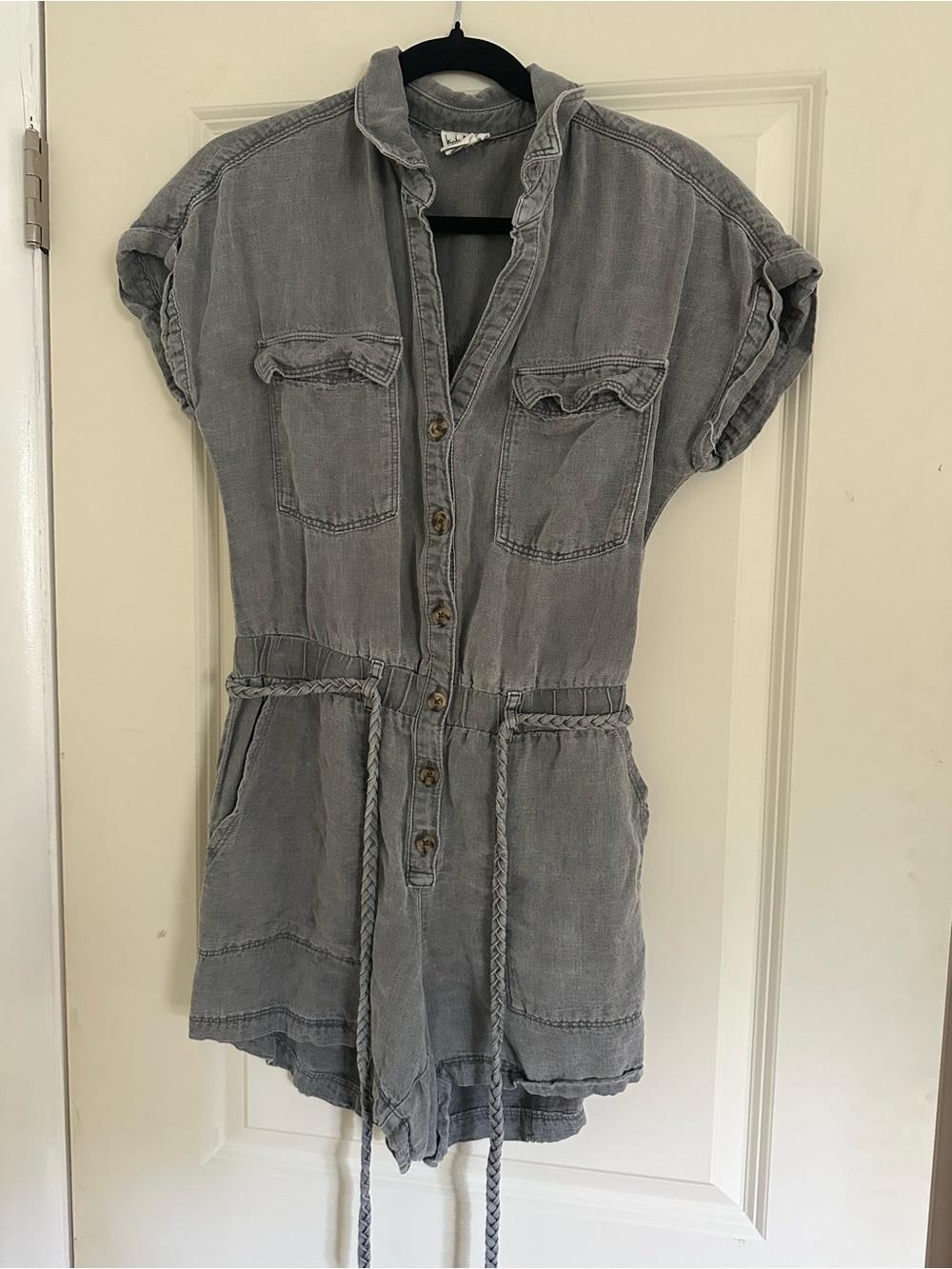 Nicole Miller Washed Gray Short Sleeve Romper with Braided Drawstring